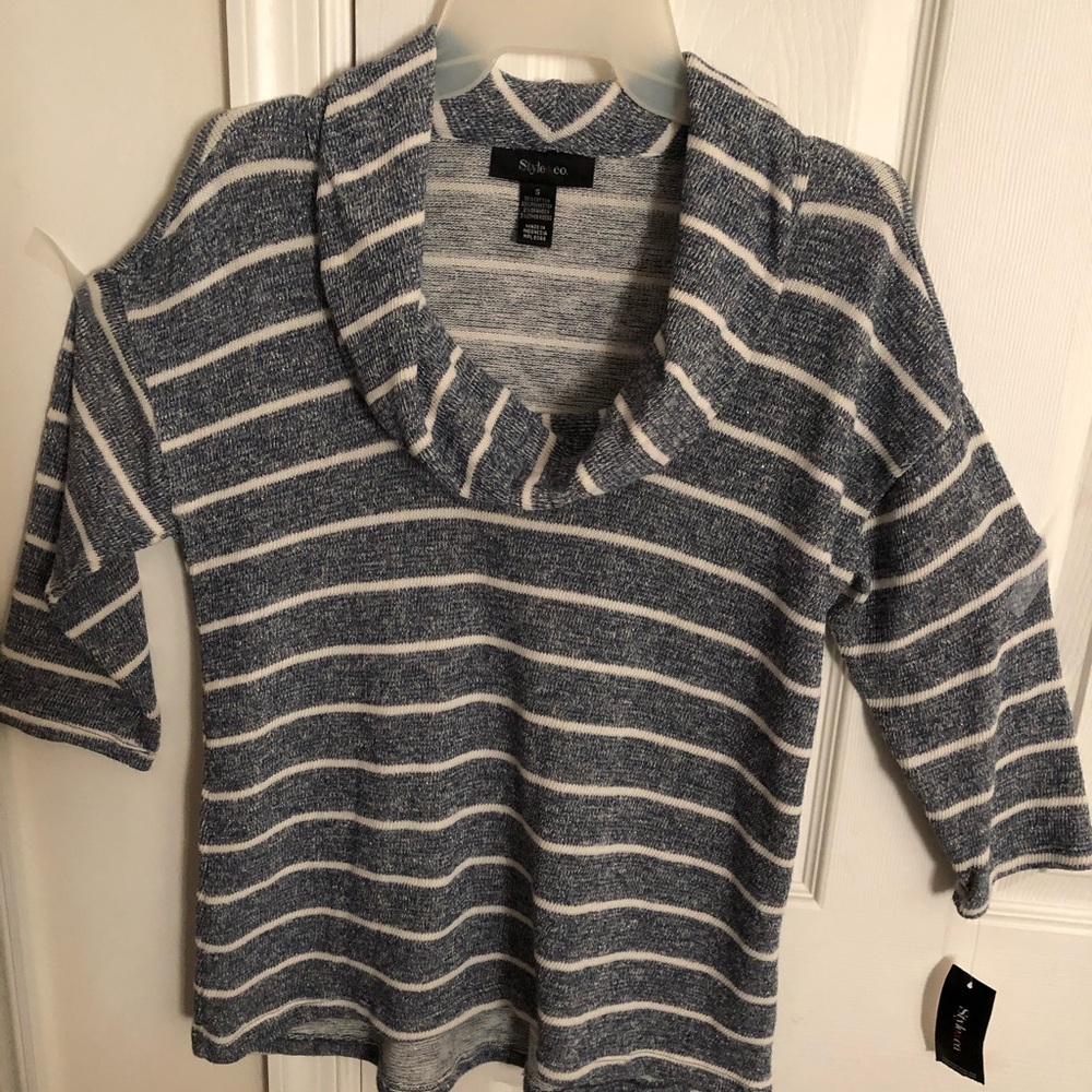 Gray and white cowl neck sweater